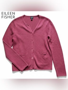 Eileen Fisher SILK Cardigan Blend Mulberry Pink Pockets Quiet Luxury Women’s | M